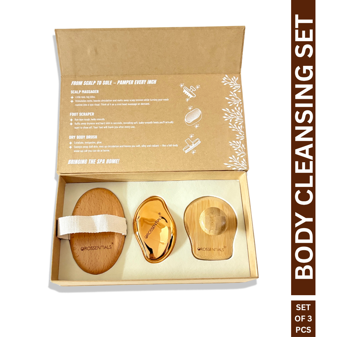 OROSSENTIALS Body Cleansing Kit 3-in-1 Body Care Kit – Foot Scraper, Scalp Massager & Body Brush for Smooth, Healthy Foot Scraper to gently exfoliate rough heels and remove dead skin, leaving your feet soft and smooth.