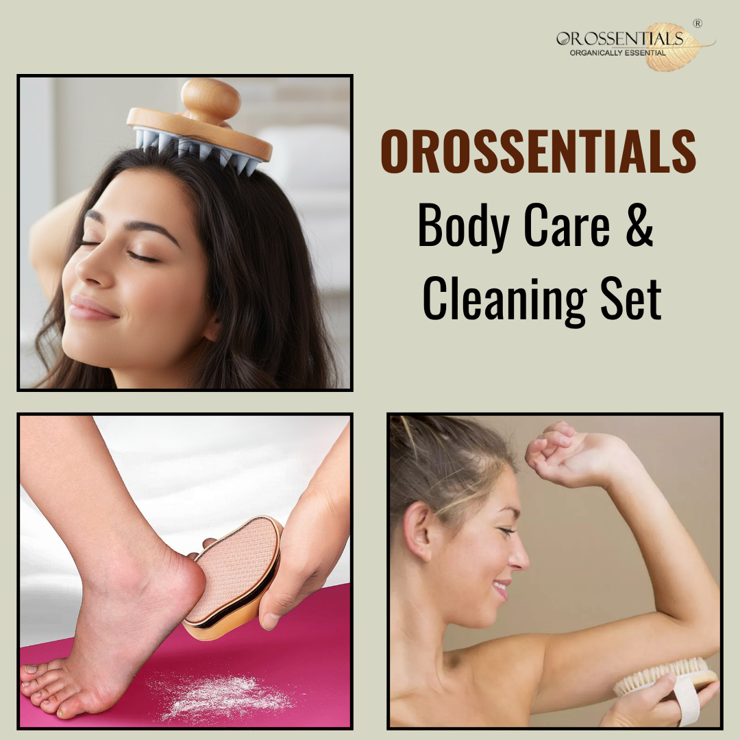 OROSSENTIALS Body Cleansing Kit 3-in-1 Body Care Kit – Foot Scraper, Scalp Massager & Body Brush for Smooth, Healthy Foot Scraper to gently exfoliate rough heels and remove dead skin, leaving your feet soft and smooth.