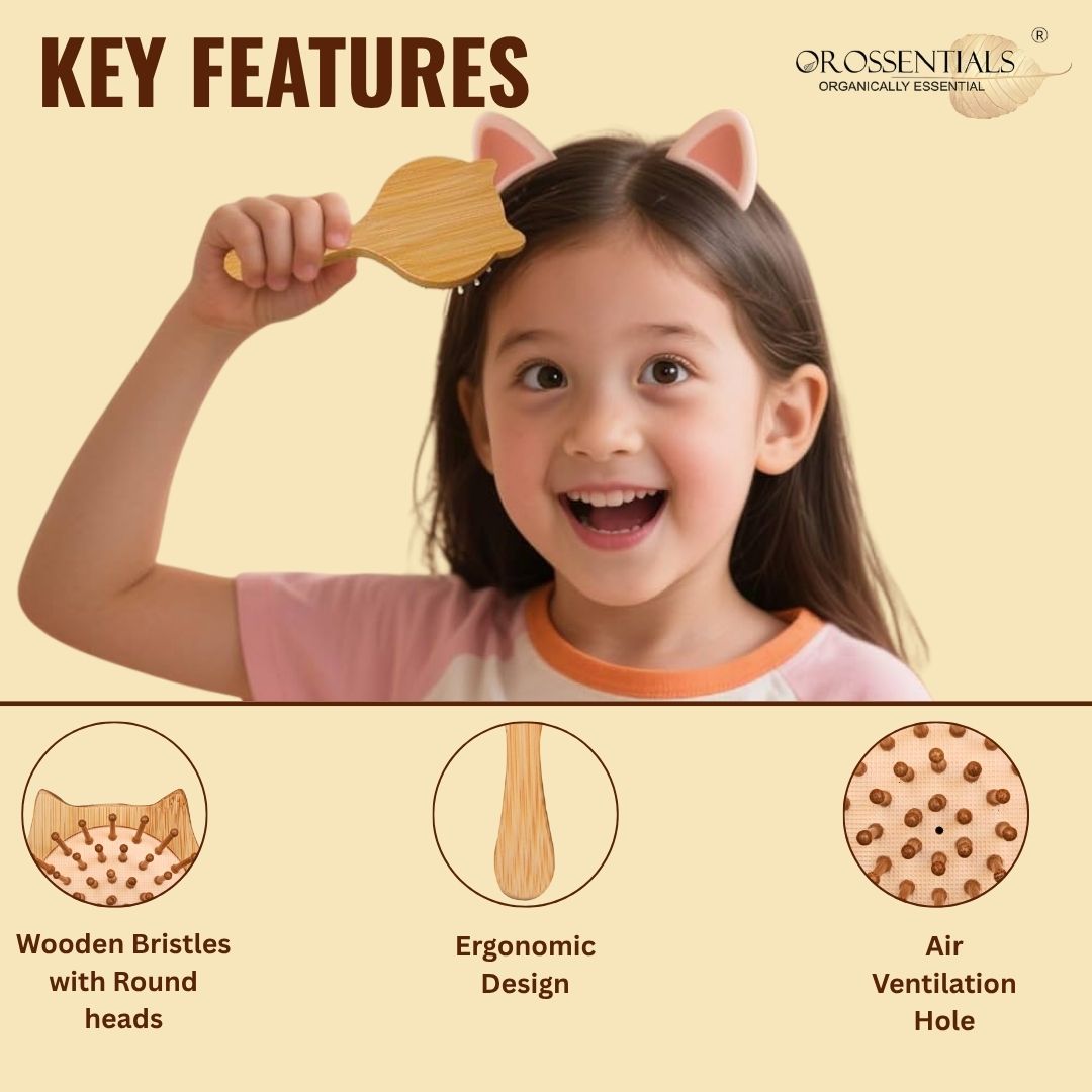 OROSSENTIALS Cat Shape Bamboo wooden Hair Brush - Eco-Friendly Choice (ORO-016)