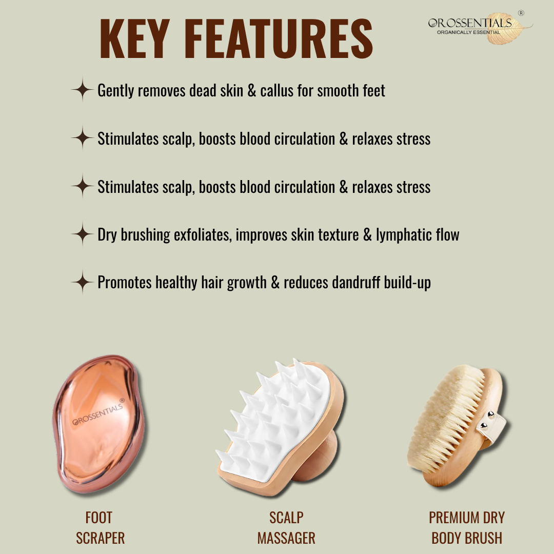 OROSSENTIALS Body Cleansing Kit 3-in-1 Body Care Kit – Foot Scraper, Scalp Massager & Body Brush for Smooth, Healthy Foot Scraper to gently exfoliate rough heels and remove dead skin, leaving your feet soft and smooth.
