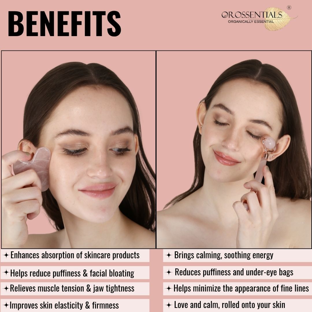 OROSSENTIALS Rose Quartz Face Roller and Gua Sha Combo Set (ORO-032)