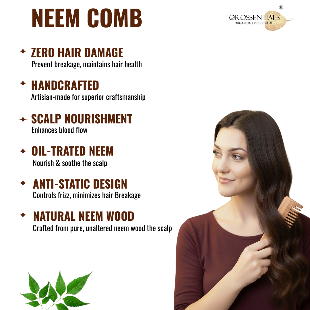 OROSSENTIALS Organic Neem wooden Comb handle wide teeth 100% (ORO-006)
