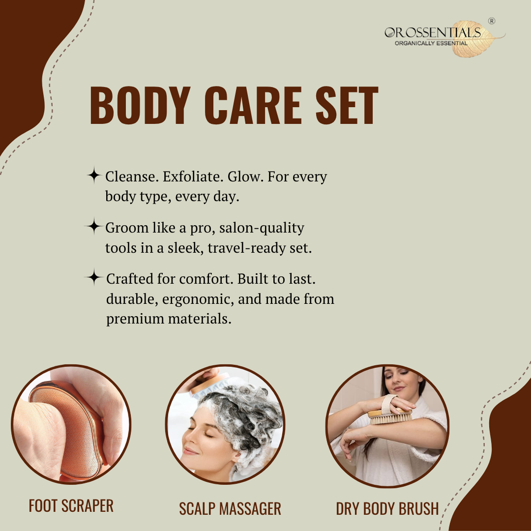 OROSSENTIALS Body Cleansing Kit 3-in-1 Body Care Kit – Foot Scraper, Scalp Massager & Body Brush for Smooth, Healthy Foot Scraper to gently exfoliate rough heels and remove dead skin, leaving your feet soft and smooth.
