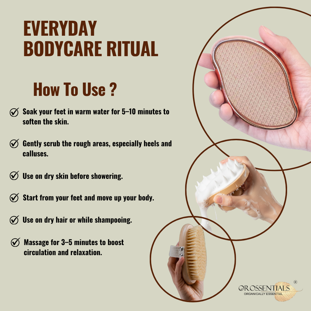 OROSSENTIALS Body Cleansing Kit 3-in-1 Body Care Kit – Foot Scraper, Scalp Massager & Body Brush for Smooth, Healthy Foot Scraper to gently exfoliate rough heels and remove dead skin, leaving your feet soft and smooth.