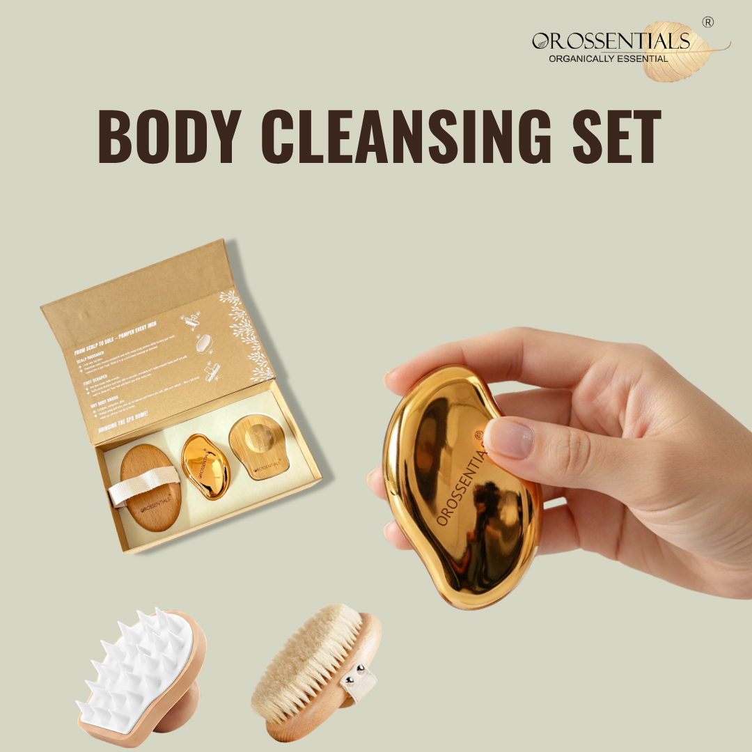 OROSSENTIALS Body Cleansing Kit 3-in-1 Body Care Kit – Foot Scraper, Scalp Massager & Body Brush for Smooth, Healthy Foot Scraper to gently exfoliate rough heels and remove dead skin, leaving your feet soft and smooth.