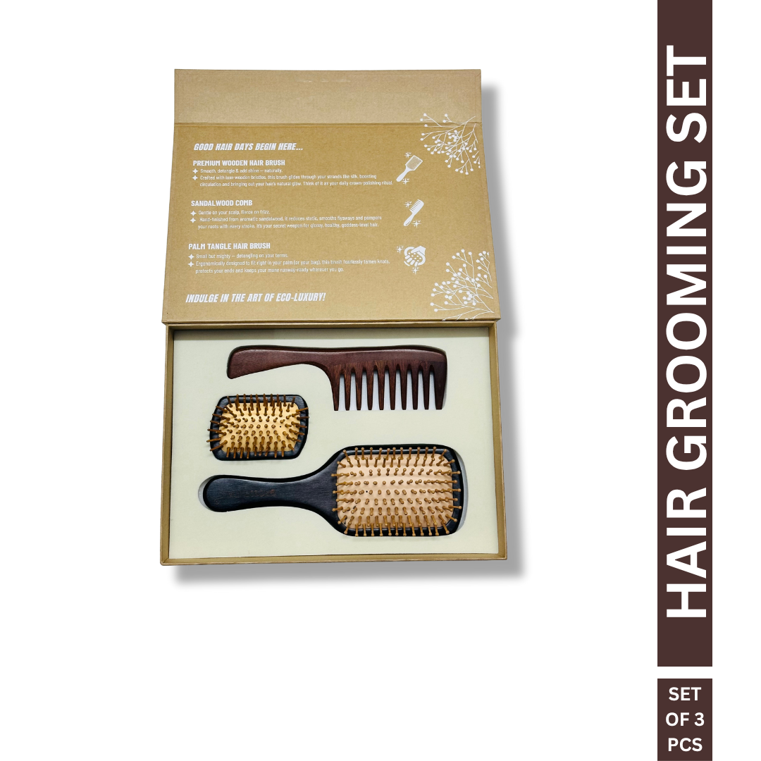 Hair Grooming Set | 1 Sandalwood Comb | 1 Palm Tangle Hair Brush | 1 Dark Pemium Hair Brush | Hair Styling Kit – 3-Piece Set for Effortless Grooming & Styling