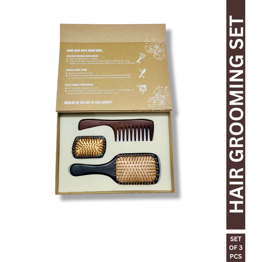 Hair Grooming Set | 1 Sandalwood Comb | 1 Palm Tangle Hair Brush | 1 Dark Pemium Hair Brush | Hair Styling Kit – 3-Piece Set for Effortless Grooming & Styling