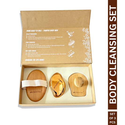 OROSSENTIALS Body Cleansing Kit 3-in-1 Body Care Kit – Foot Scraper, Scalp Massager & Body Brush for Smooth, Healthy Foot Scraper to gently exfoliate rough heels and remove dead skin, leaving your feet soft and smooth.