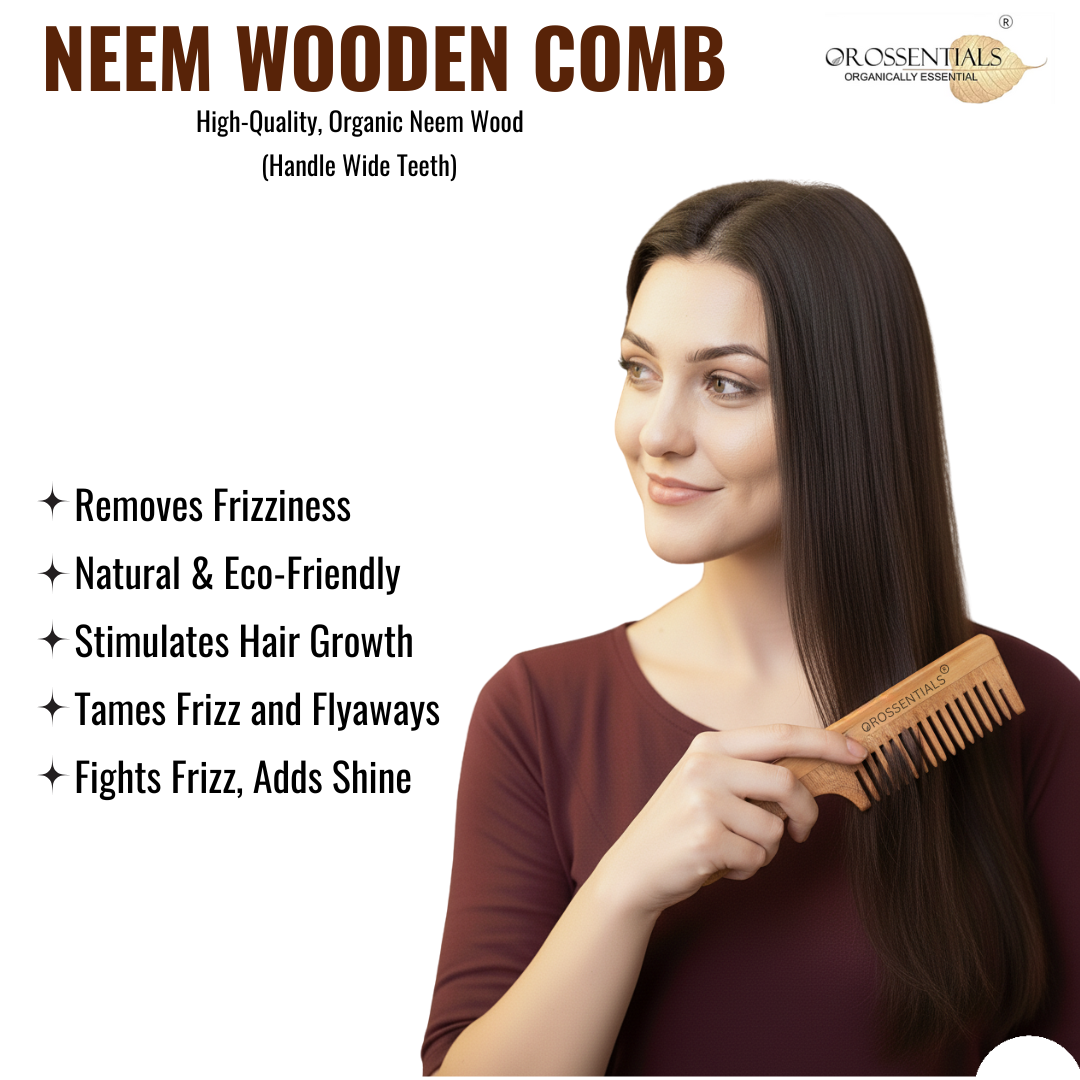 OROSSENTIALS Organic Neem wooden Comb handle wide teeth 100% (ORO-006)