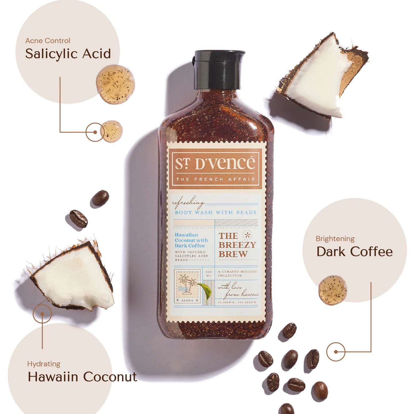 Breezy Brew - Coconut & Dark Coffee Body Wash with Salicylic Acid, 300 ml