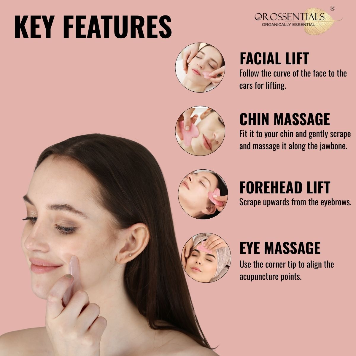 OROSSENTIALS Rose Quartz Gua Sha Tool | Rose Quartz Gua Sha Stone Face Massager (ORO-028)