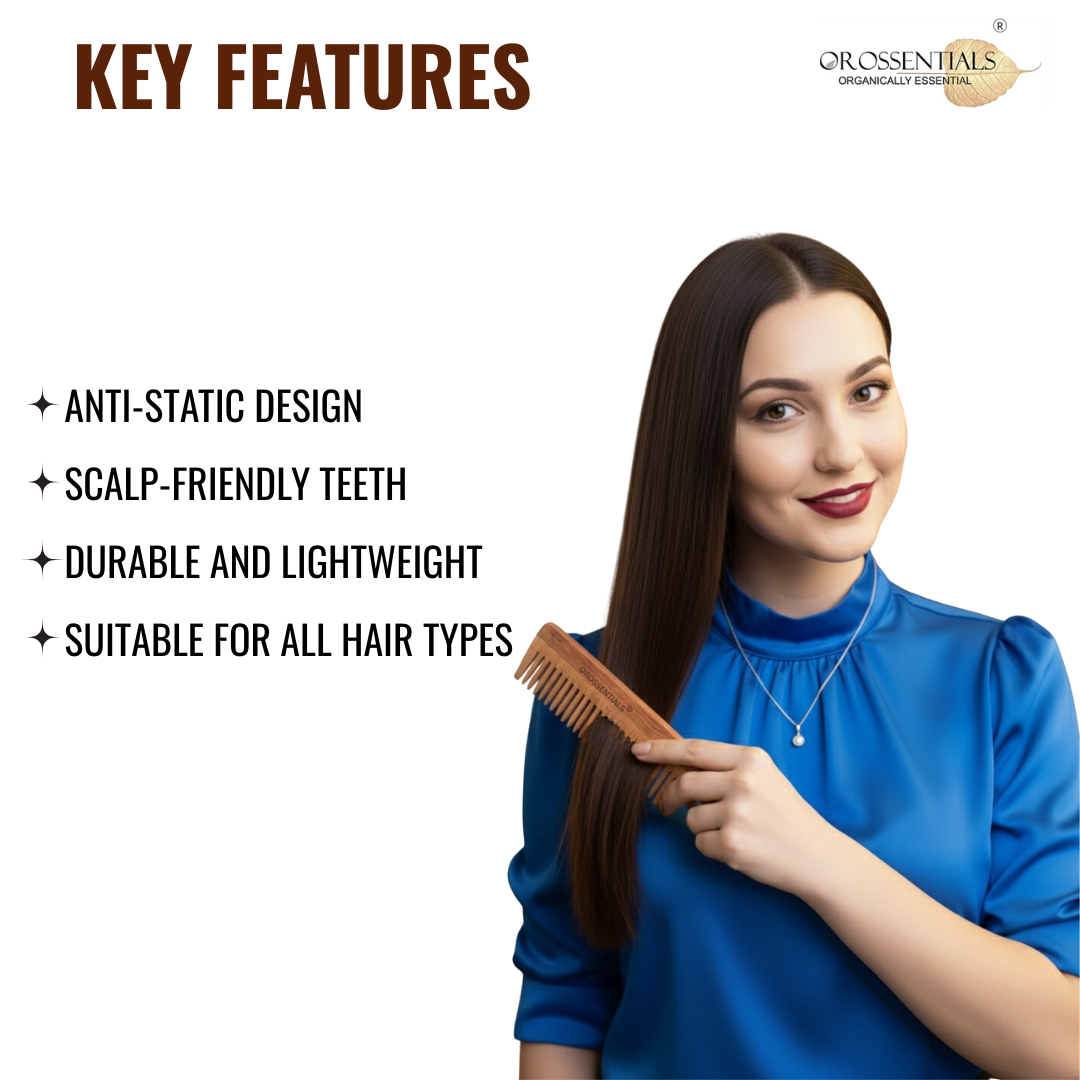 OROSSENTIALS Organic Wide Teeth wooden comb 100% Natural (ORO-001)