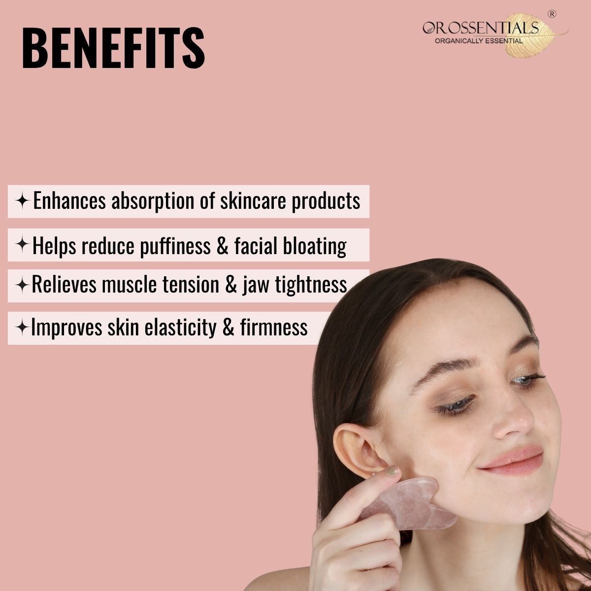 OROSSENTIALS Rose Quartz Gua Sha Tool | Rose Quartz Gua Sha Stone Face Massager (ORO-028)