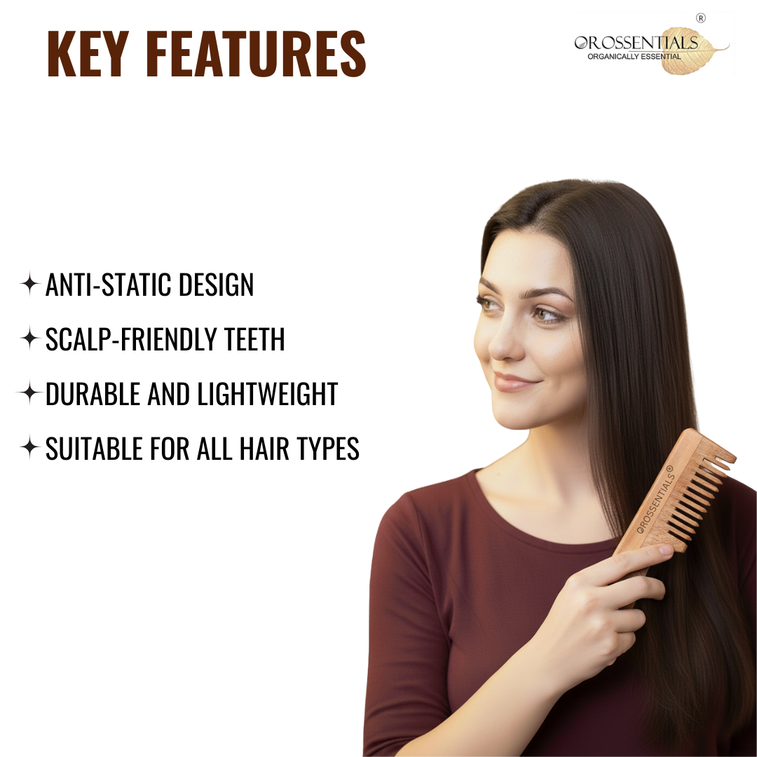 OROSSENTIALS Organic Neem wooden Comb handle wide teeth 100% (ORO-006)