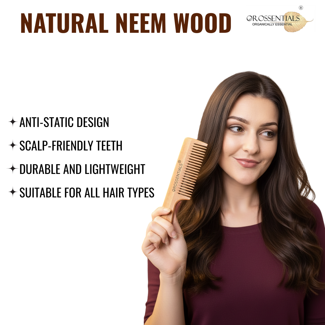 OROSSENTIALS Neem Wood Comb Single teeth With Handle (ORO-005)