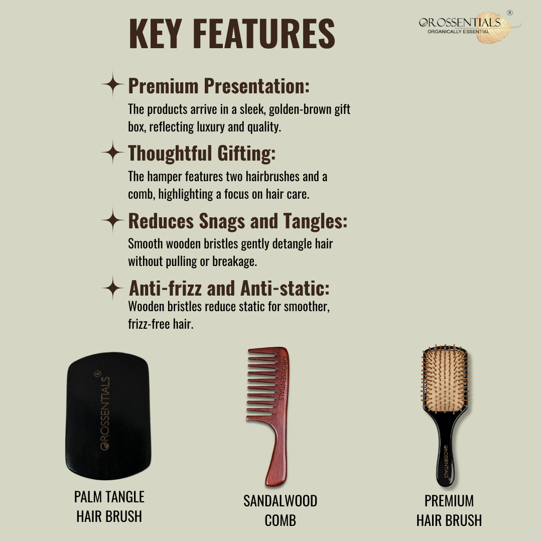 Hair Grooming Set | 1 Sandalwood Comb | 1 Palm Tangle Hair Brush | 1 Dark Pemium Hair Brush | Hair Styling Kit – 3-Piece Set for Effortless Grooming & Styling