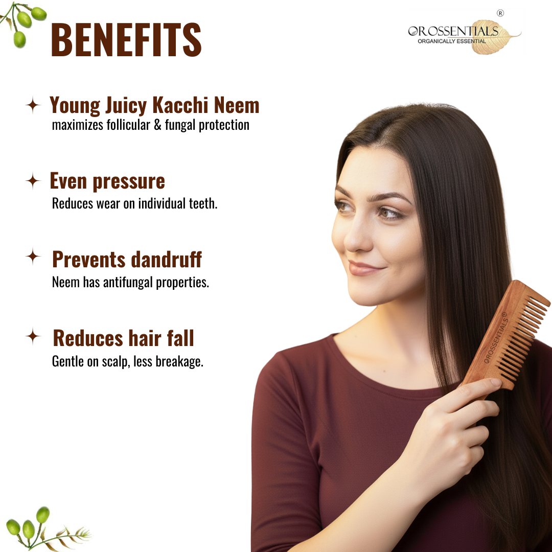 OROSSENTIALS Neem Wood Comb Single teeth With Handle (ORO-005)