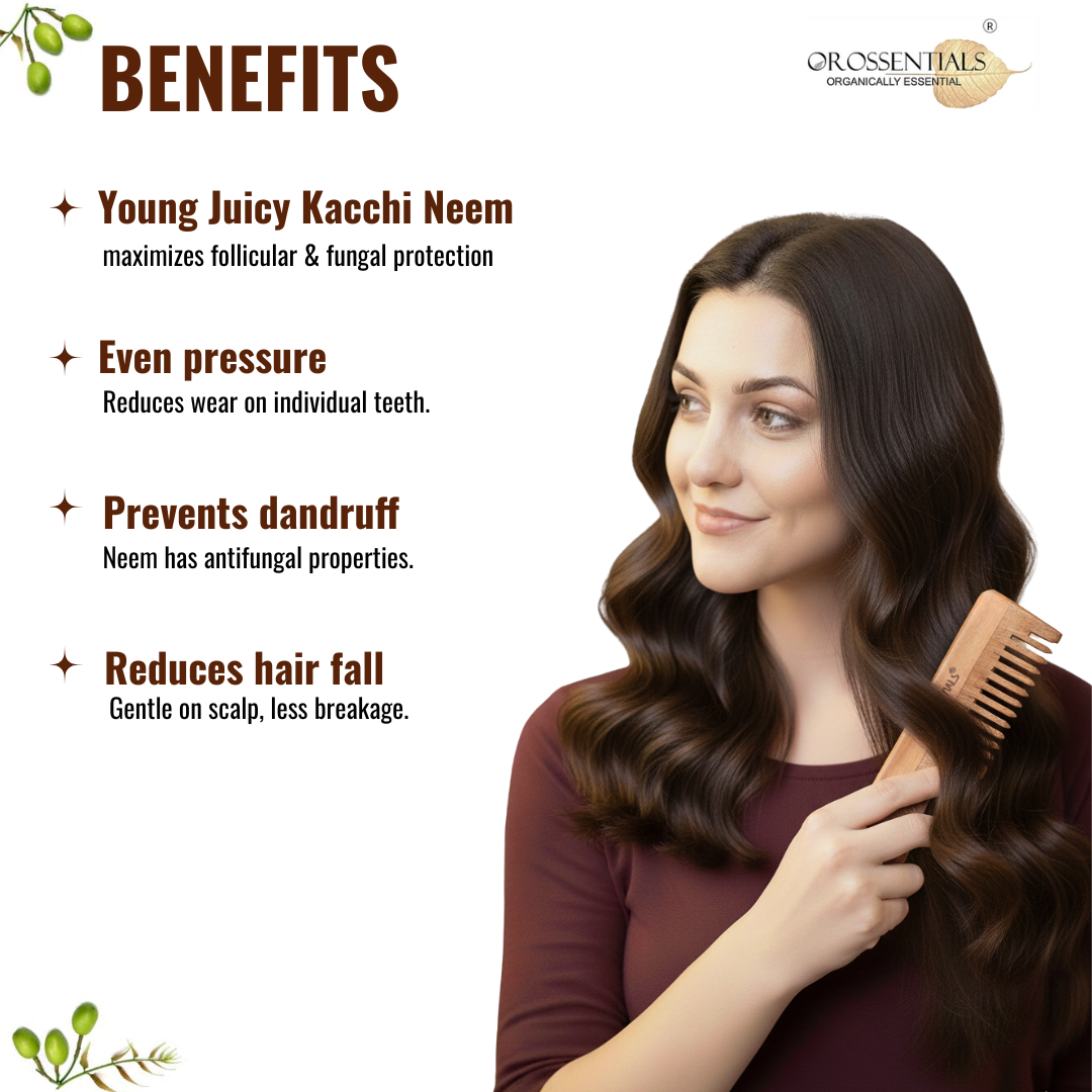 OROSSENTIALS Organic Neem wooden Comb handle wide teeth 100% (ORO-006)
