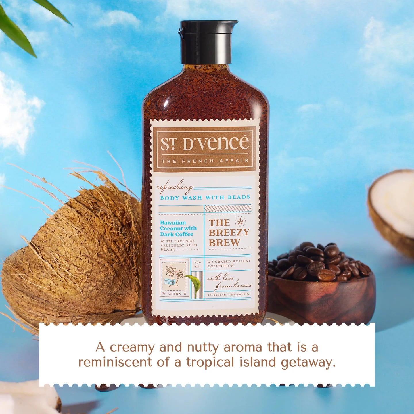 Breezy Brew - Coconut & Dark Coffee Body Wash with Salicylic Acid, 300 ml