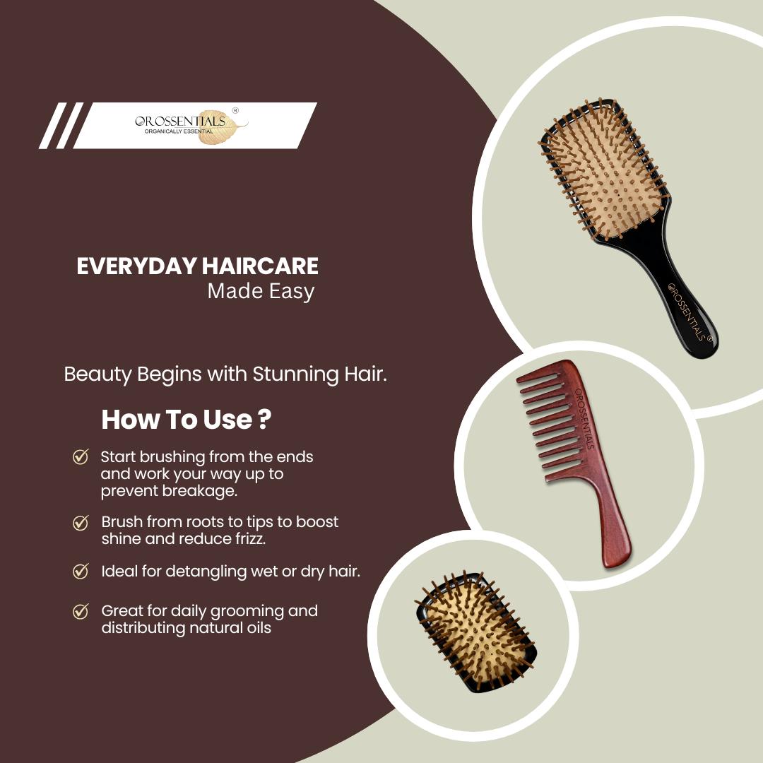 Hair Grooming Set | 1 Sandalwood Comb | 1 Palm Tangle Hair Brush | 1 Dark Pemium Hair Brush | Hair Styling Kit – 3-Piece Set for Effortless Grooming & Styling