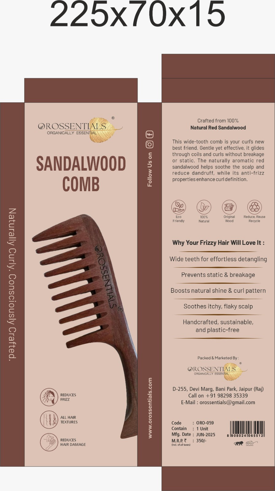 Sandalwood Comb - Zero Waste Comb, 100% Wood, Plastic Free (ORO-059)