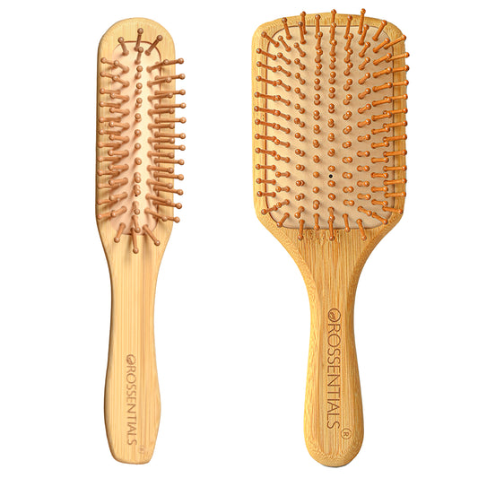 OROSSENTIALS Paddle Bamboo Hair Brush For Women | Wooden Hair Brush for Silky-Smooth Hair | Detangler Hair Brush for ControlHair Growth WoodenCombo Pack of Stylish Hair Brushes for Men & Women & Hair Detangling Comb(BC-11-48-PK2)