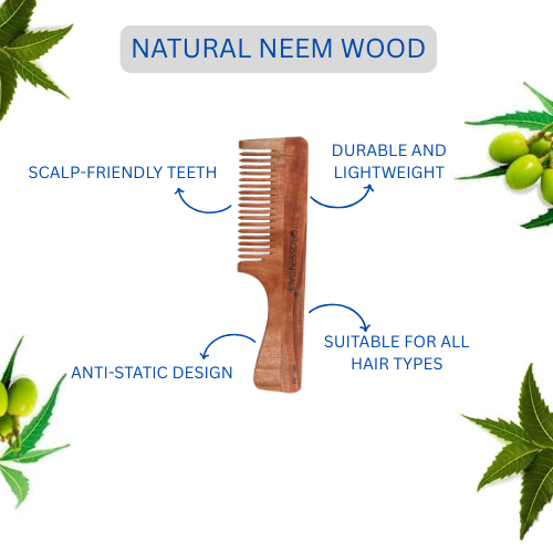Neem Wood Comb Single teeth (With Handle) [ORO-005]