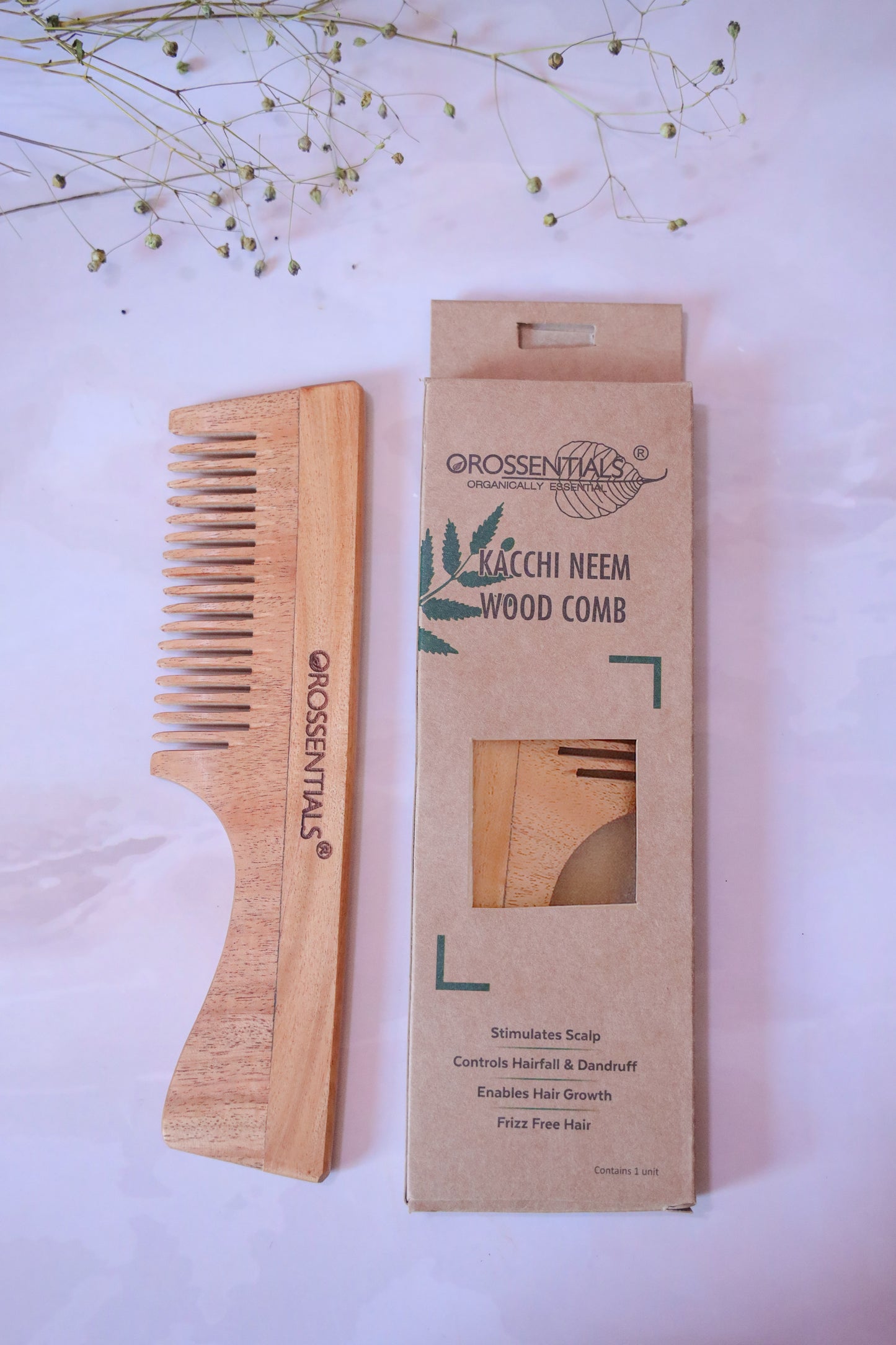 Neem Wood Comb Single teeth (With Handle) [ORO-005]